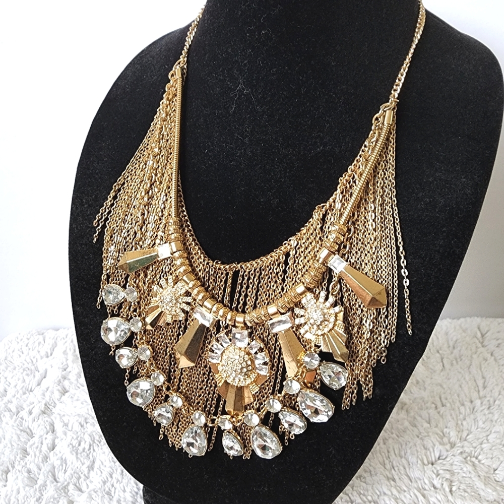NE08 Gold 3 layers statement necklace shiny bling crystal Preowned 26 in